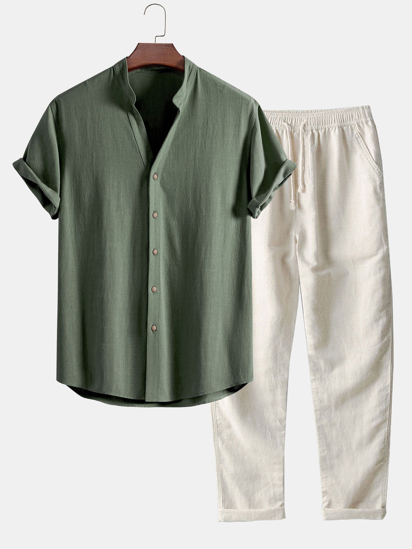 Levoro™ – V Neck Linen Blend Shirt & Straight Leg Linen Pants Set