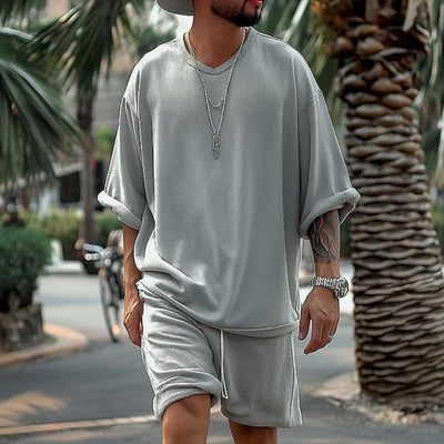 Torven™ – Men’s Solid Loose V-Neck Shorts Set